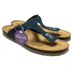 Plakton Ginger Women 10 42 Leather Cork Thong Slide Sanals Blue Buckle NEW